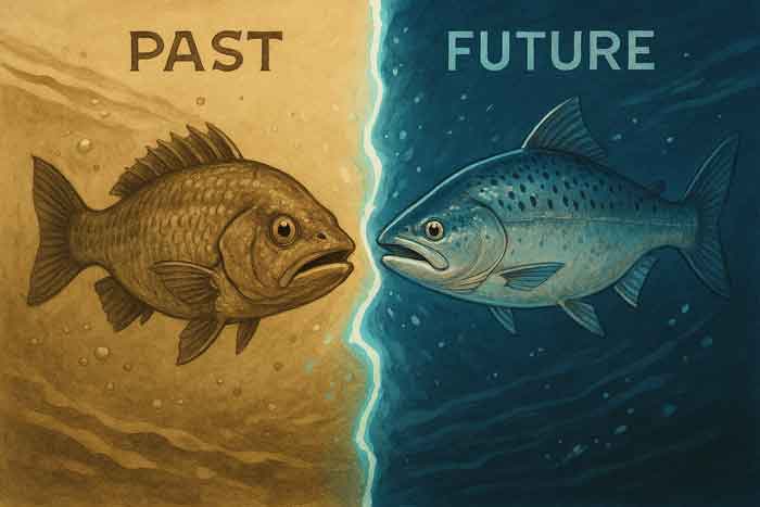 Graphic with two fishes representing past and future.