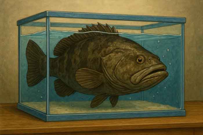 Large fish in an aquarium tank graphic.